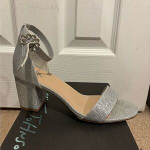 Silver High Heel Sandal with Ankle Strap and Block Heel